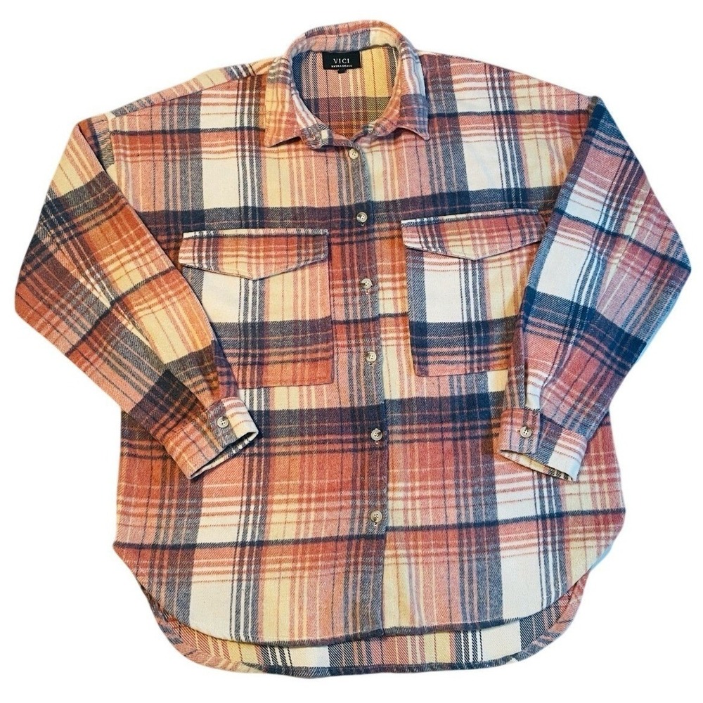 VICI Plaid Shacket Womens XS Oversized Wool Blend Button Down Shirt Jacket‎